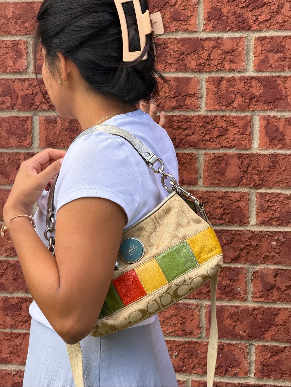 Coach Cream Canvas Shoulder Bag with Red, Yellow & Green Panels